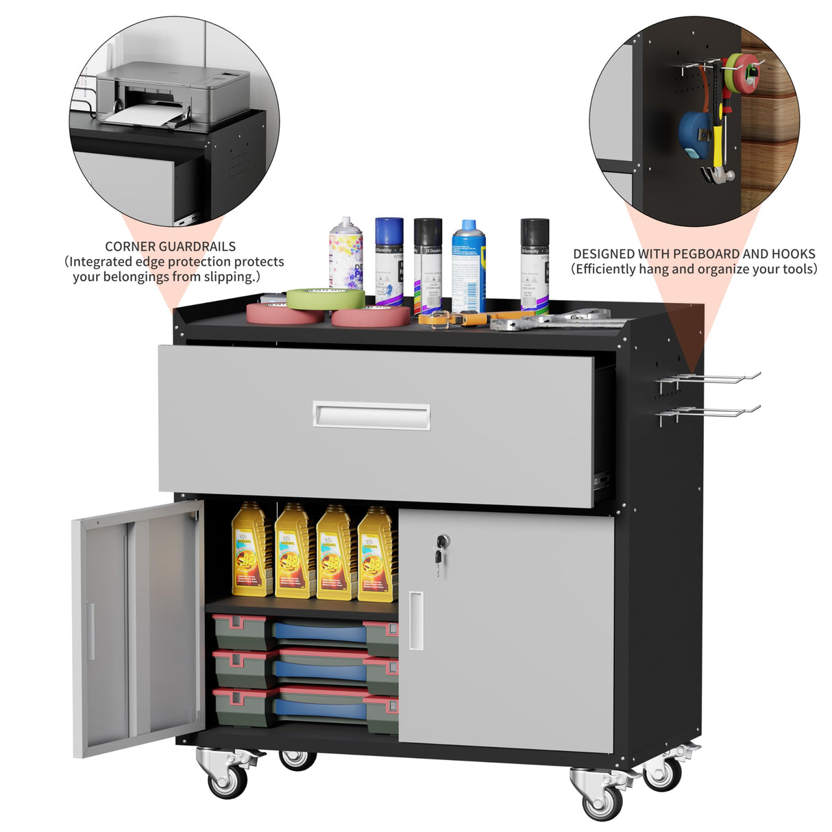 Washsemba Garage Metal Storage Cabinet for Garage with Adjustable Shelves Wheels, Rolling Tool Chest, Assembly Required, Warehouse, Basement, Tool Washsemba