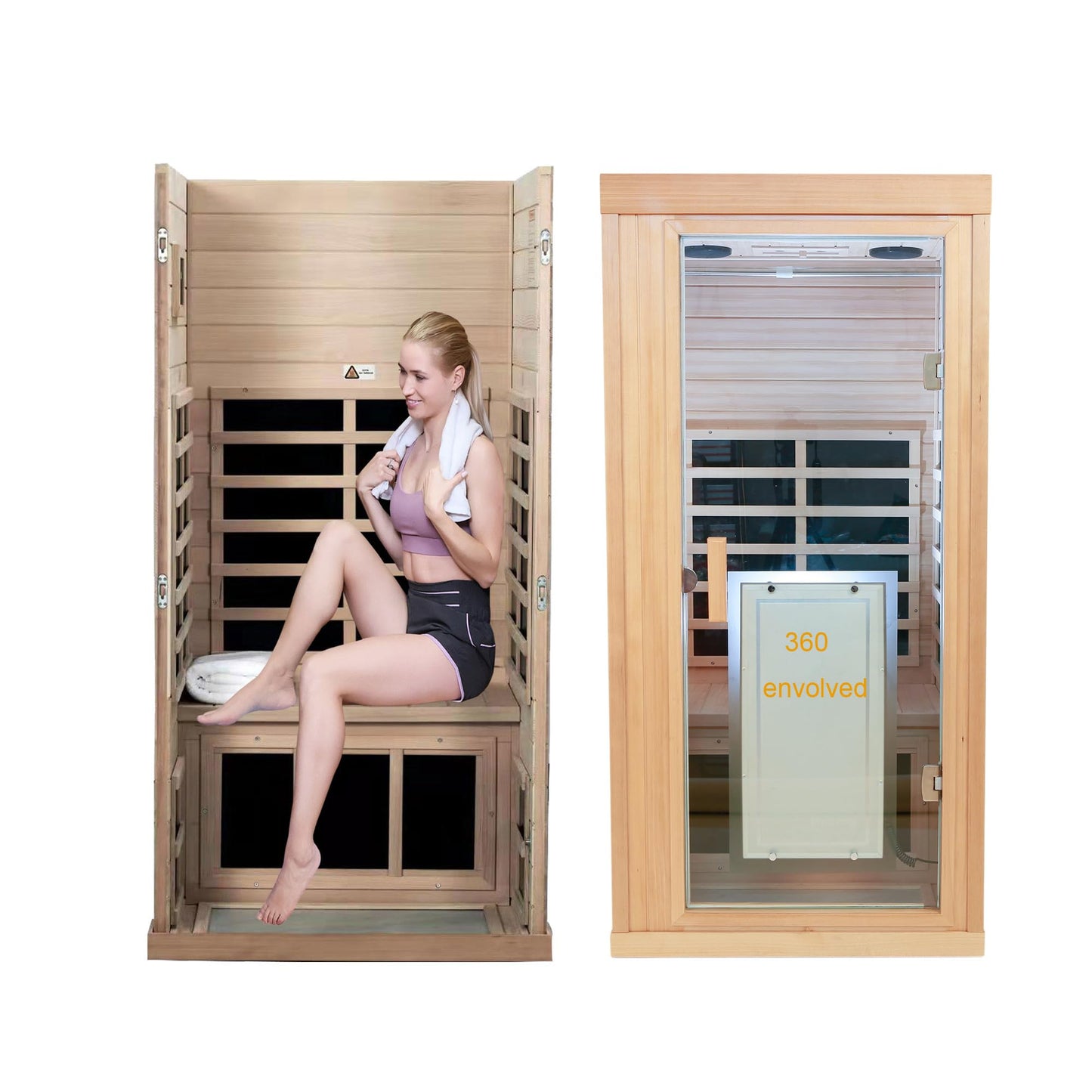 Xmatch Far Infrared Wooden Sauna Room, 1-Person Size, with 1350W, 8 Low EMF Heaters, 10 Minutes Pre-Warm up, Time and Temp Pre-Set, 2 Bluetooth