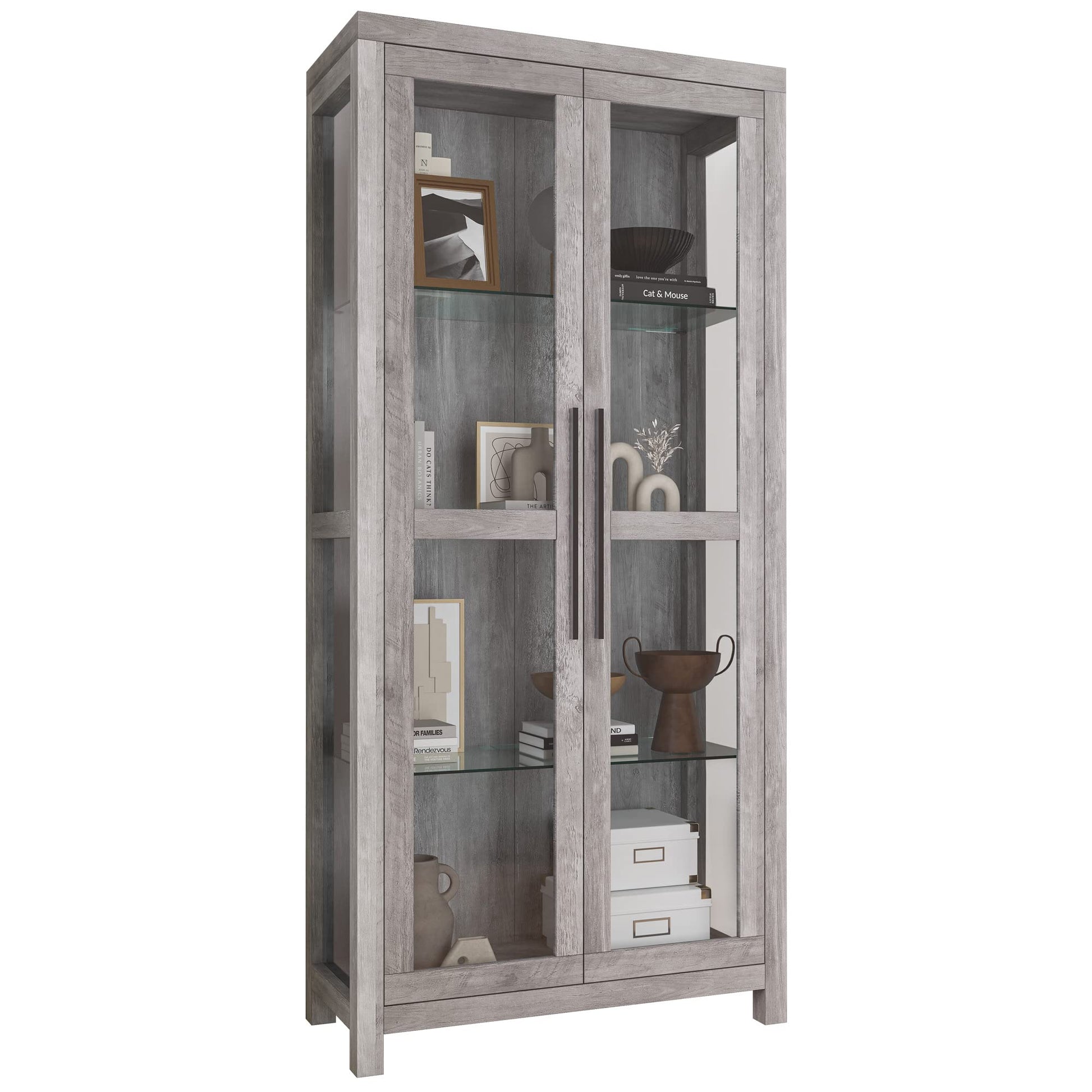 Elegant BELLEZE Gray Wash Storage Cabinet with Glass Doors for Living Room and Bedroom Display - WoodArtSupply