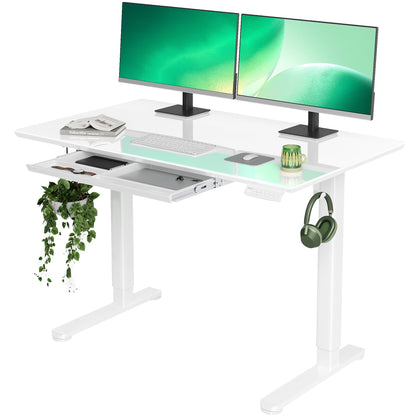 INNOVAR Glass Standing Desk with Drawers, 48×24 Inch Adjustable Stand Up Desk Quick Install Home Office Computer Desk, White - WoodArtSupply