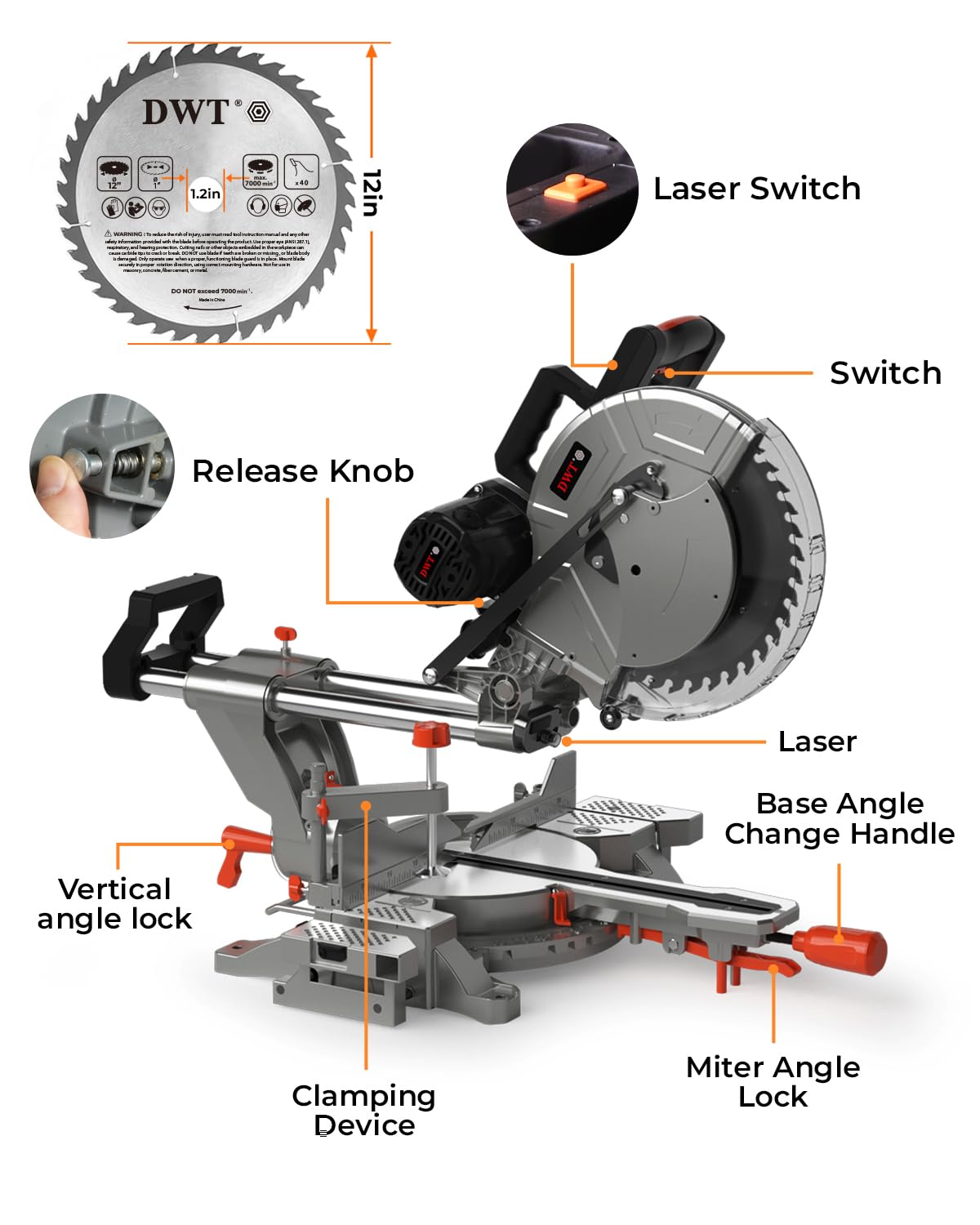 DWT Sliding Miter Saw, 12-inch Compound Miter Saw with Double Bevel Cutting(-45°/0°/+45°)/Laser Guide/9 Positive Stops/3800RPM, 15Amp Miter Saw with DWT