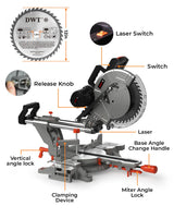 DWT Sliding Miter Saw, 12-inch Compound Miter Saw with Double Bevel Cutting(-45°/0°/+45°)/Laser Guide/9 Positive Stops/3800RPM, 15Amp Miter Saw with DWT