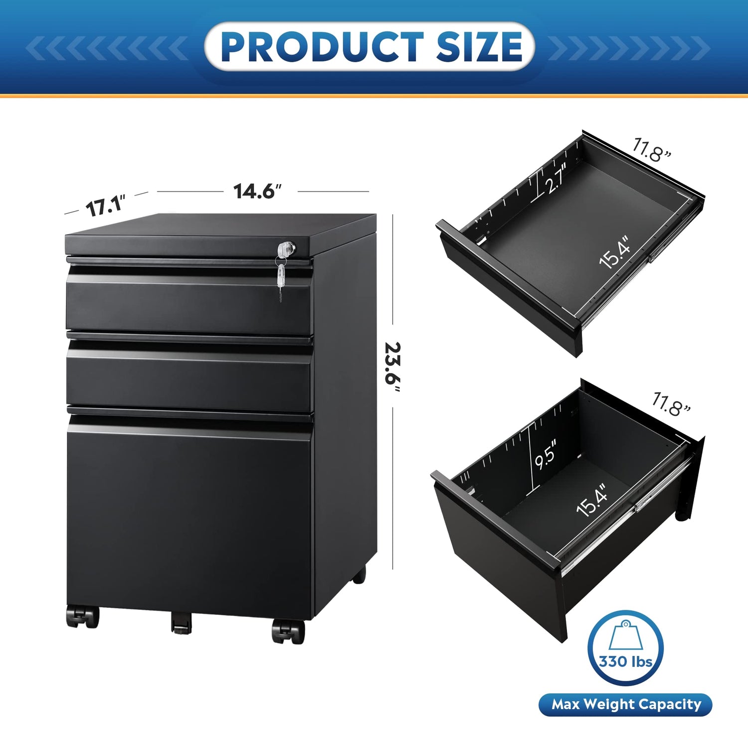 DEVAISE 3 Drawer Mobile File Cabinet with Lock, Under Desk Metal Filing Cabinet for Legal/Letter/A4 File, Fully Assembled Except Wheels, Black DEVAISE