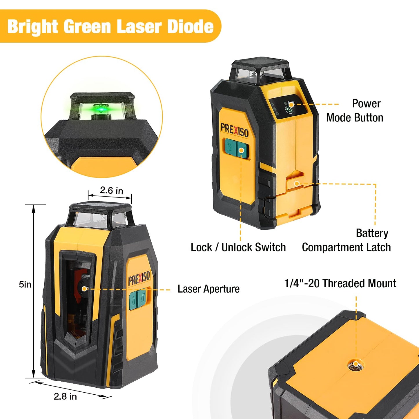 PREXISO 360° Laser Level with Tripod, 100Ft Self Leveling Cross Line Laser- Green Horizontal Line for Construction, Floor Tile, Renovation with