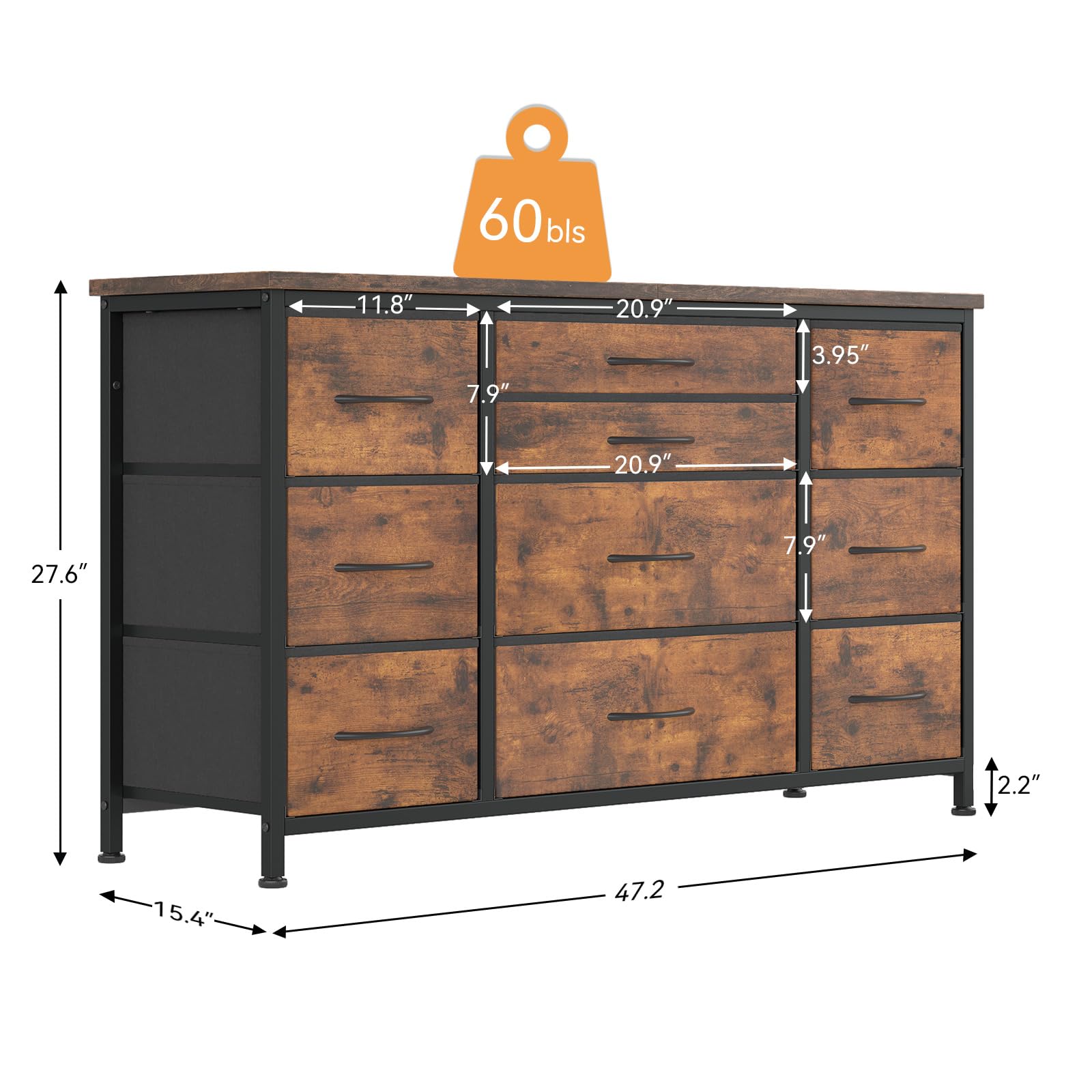 Jojoka Wide Dresser with 10 Large Drawers for 55'' Long TV Stand with Power Outlet Entertainment Center, Storage Fabric Drawer Unit for Bedroom, - WoodArtSupply