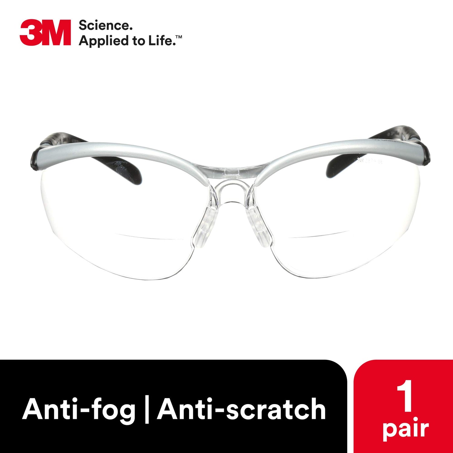 3M Safety Glasses with Readers, BX, +2.5, ANSI Z87, Anti-Fog Anti-Scratch Clear Lens, Silver Frame, Adjustable Length Temples and Lens Angle 3M