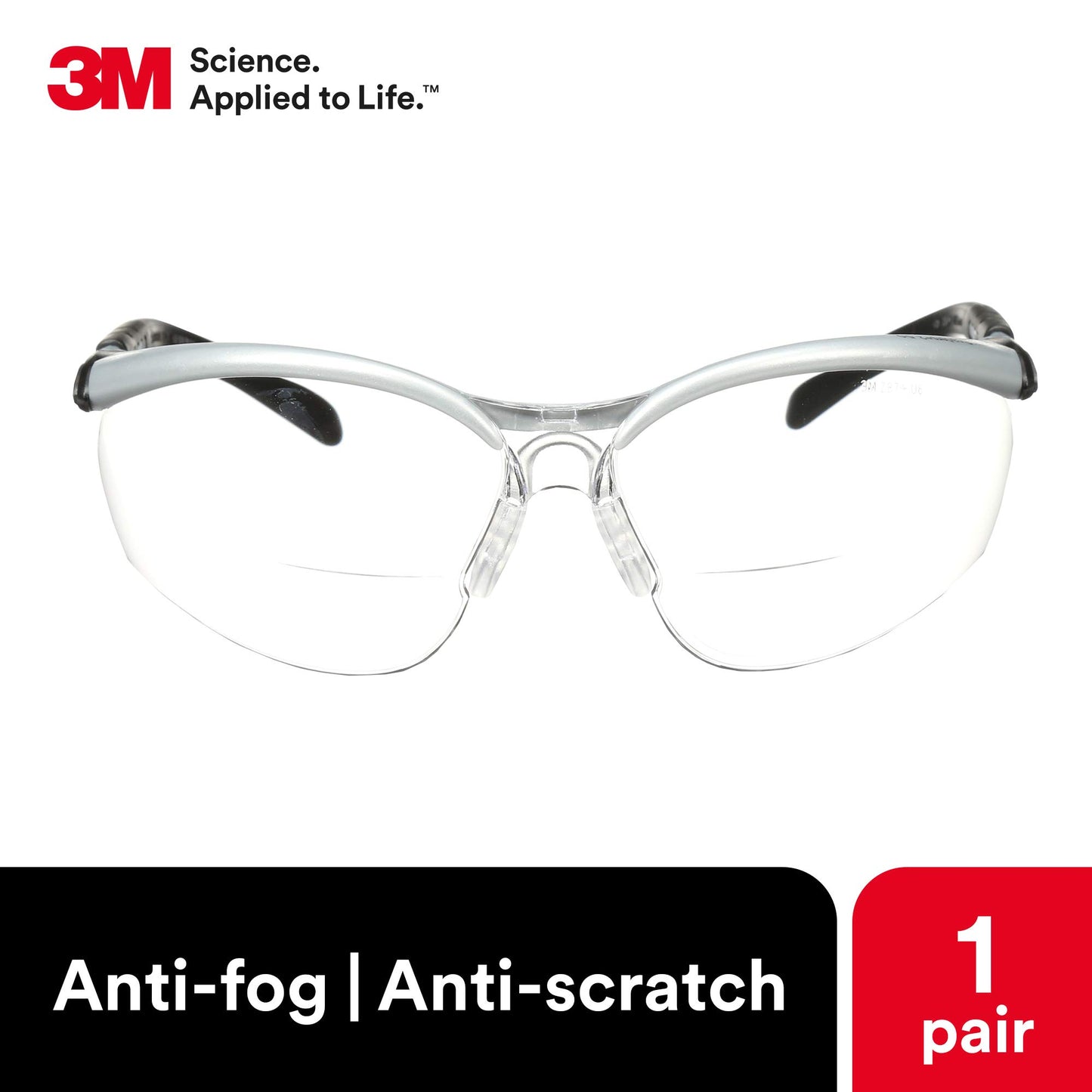 3M Safety Glasses with Readers, BX, +2.5, ANSI Z87, Anti-Fog Anti-Scratch Clear Lens, Silver Frame, Adjustable Length Temples and Lens Angle