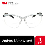 3M Safety Glasses with Readers, BX, +2.5, ANSI Z87, Anti-Fog Anti-Scratch Clear Lens, Silver Frame, Adjustable Length Temples and Lens Angle 3M
