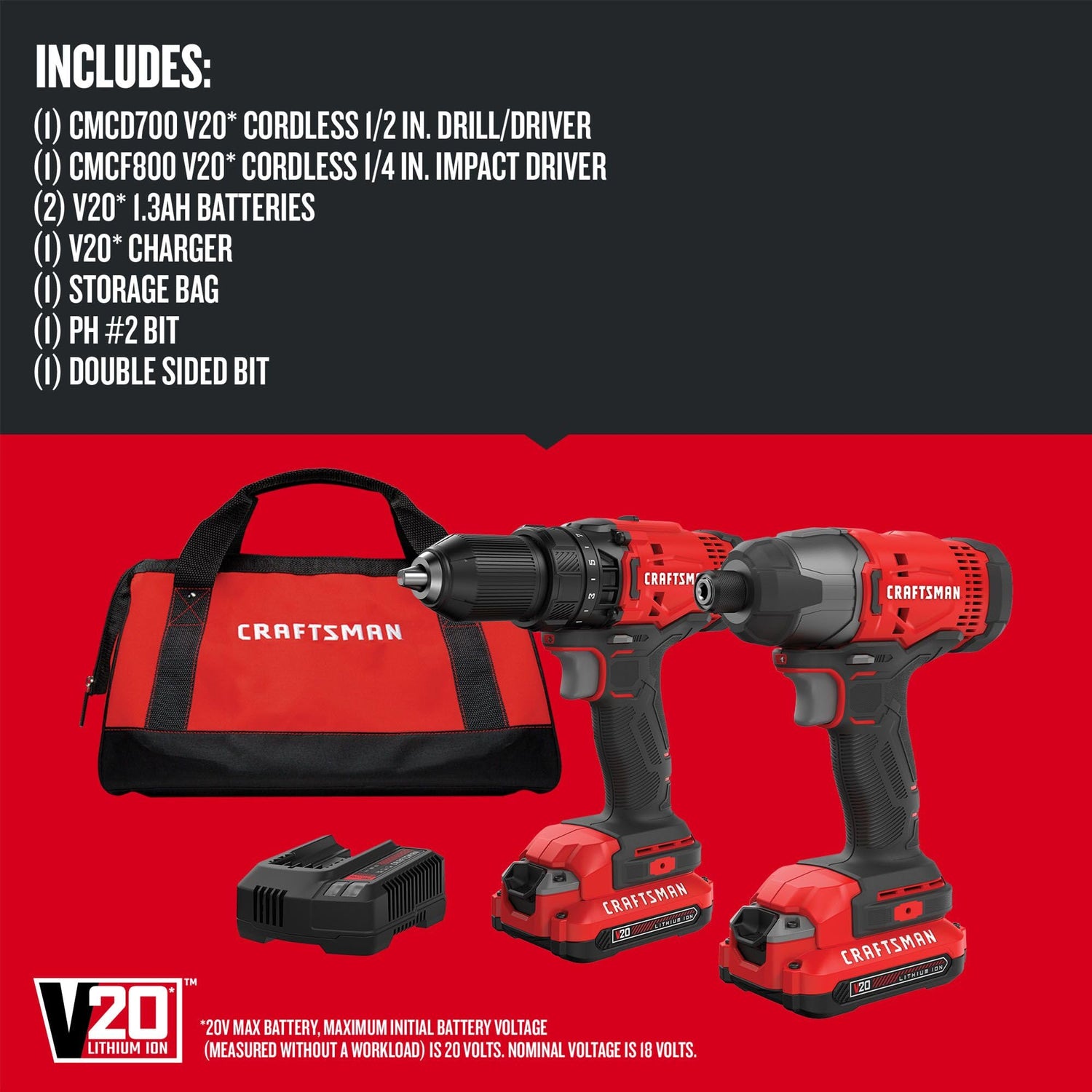 CRAFTSMAN V20 MAX Cordless Drill and Impact Driver, Power Tool Combo Kit with 2 Batteries and Charger (CMCK200C2AM) Craftsman