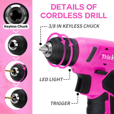 64PCS Pink Tool Set with Cordless Drill, 8V Power Drill and Pink Tool Kit for Women, 3/8"Keyless Chuck Electric Screwdriver Driver Kit for Home DIY ThinkLearn