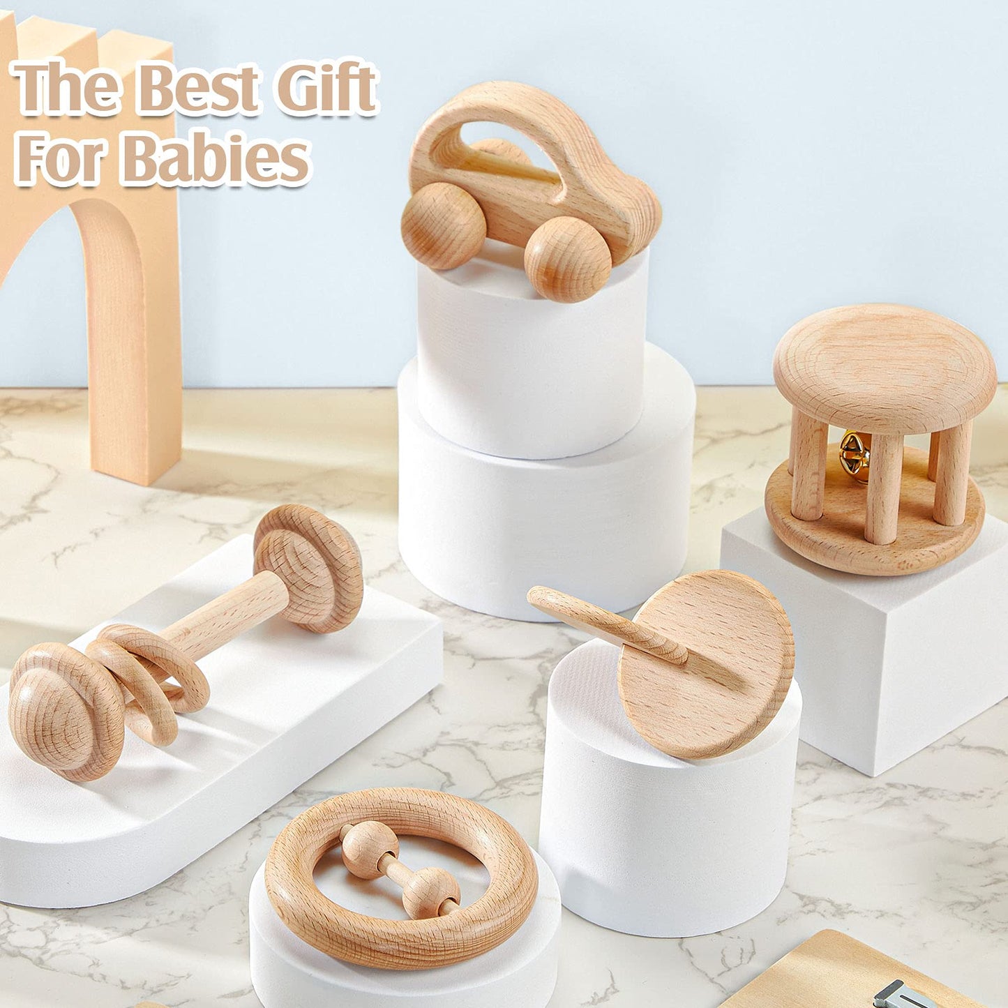 5 Pieces Wooden Baby Toys Wooden Toys for Babies 0-6-12 Months Wood Toys Rattles with Bells Montessori Wood Baby Push Car Wooden Newborn Toy for