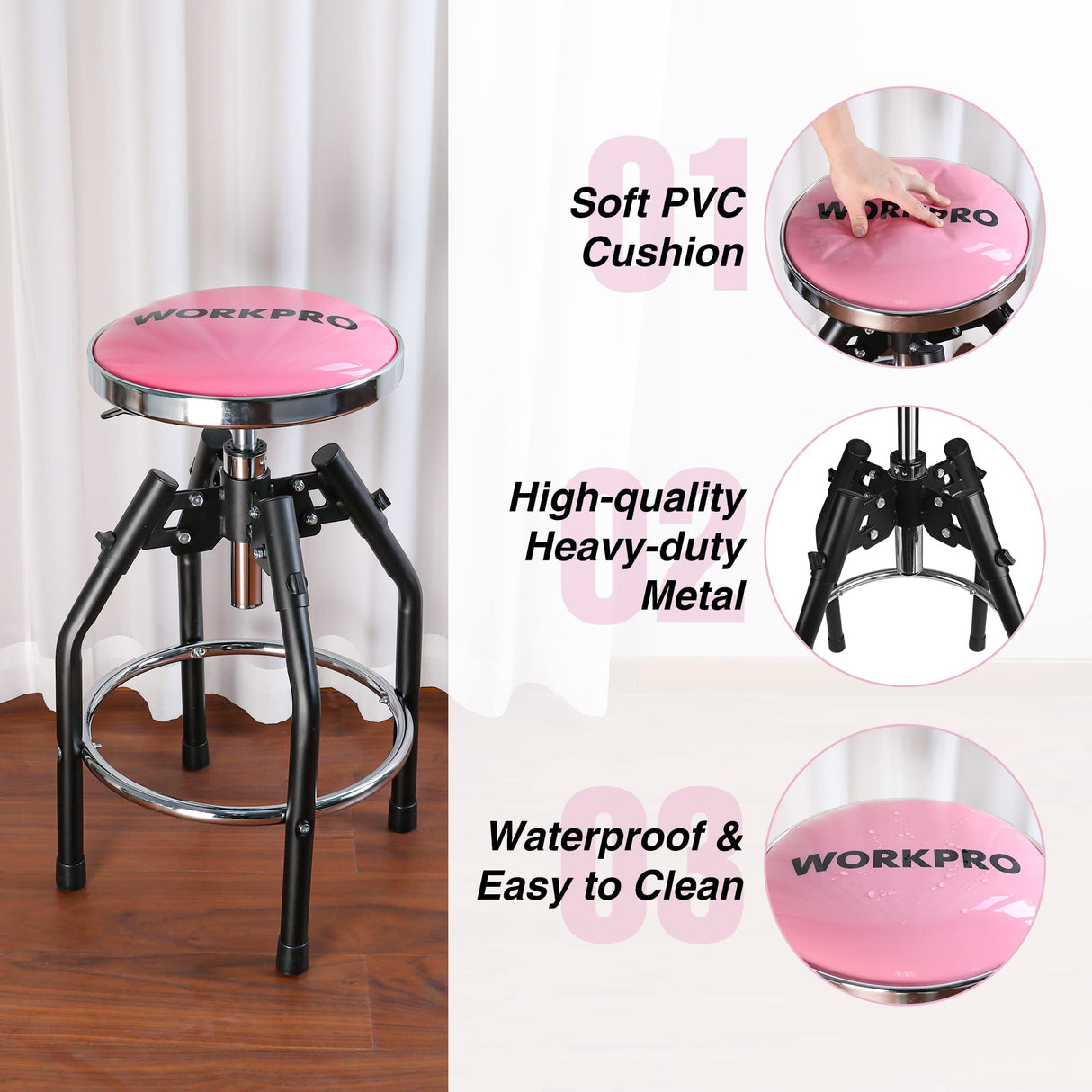 WORKPRO Heavy Duty Adjustable Hydraulic Shop Stool,Garage Bar Stool, 29in to 33. 86in, 330-Pound Capacity, Pink WORKPRO