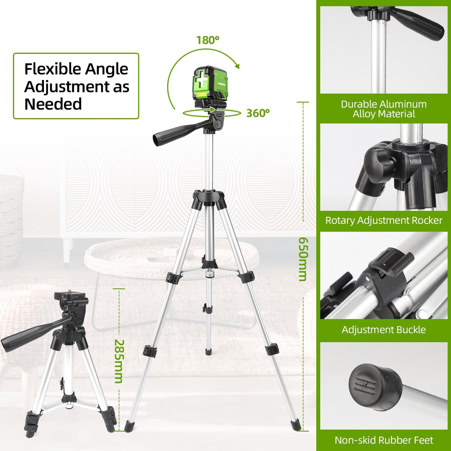 Laser Level Self Leveling with Tripod, Huepar 98Ft Green Cross Line Laser Level Accurate Measurement Tool for Tile, Picture Hanging, Construction Huepar