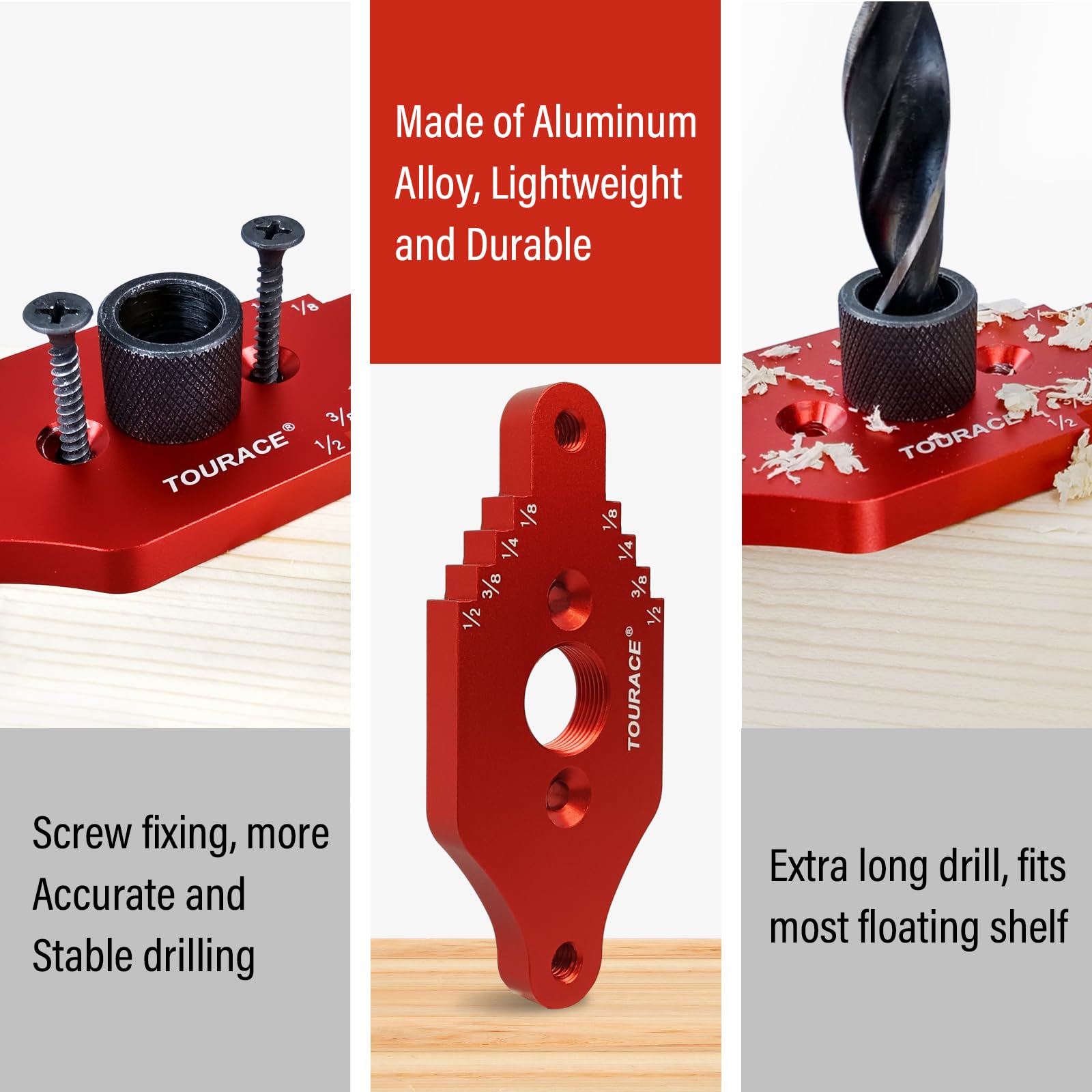 TOURACE Adjustable Drill Jig with Drill Bit for Floating Shelf, Portable Dowel Drill Guide Jig, Biscuit & Plate Joiner Woodworking Tool, Pocket Screw - WoodArtSupply