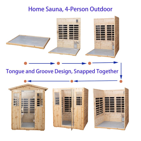 Xmatch Far Infrared Wooden Sauna Room, 4 Person Outdoor Size with 2050W, 8 Low EMF Heaters, 2 Bluetooth Speakers, 2 LED Reading Lamp and 4 Xmatch