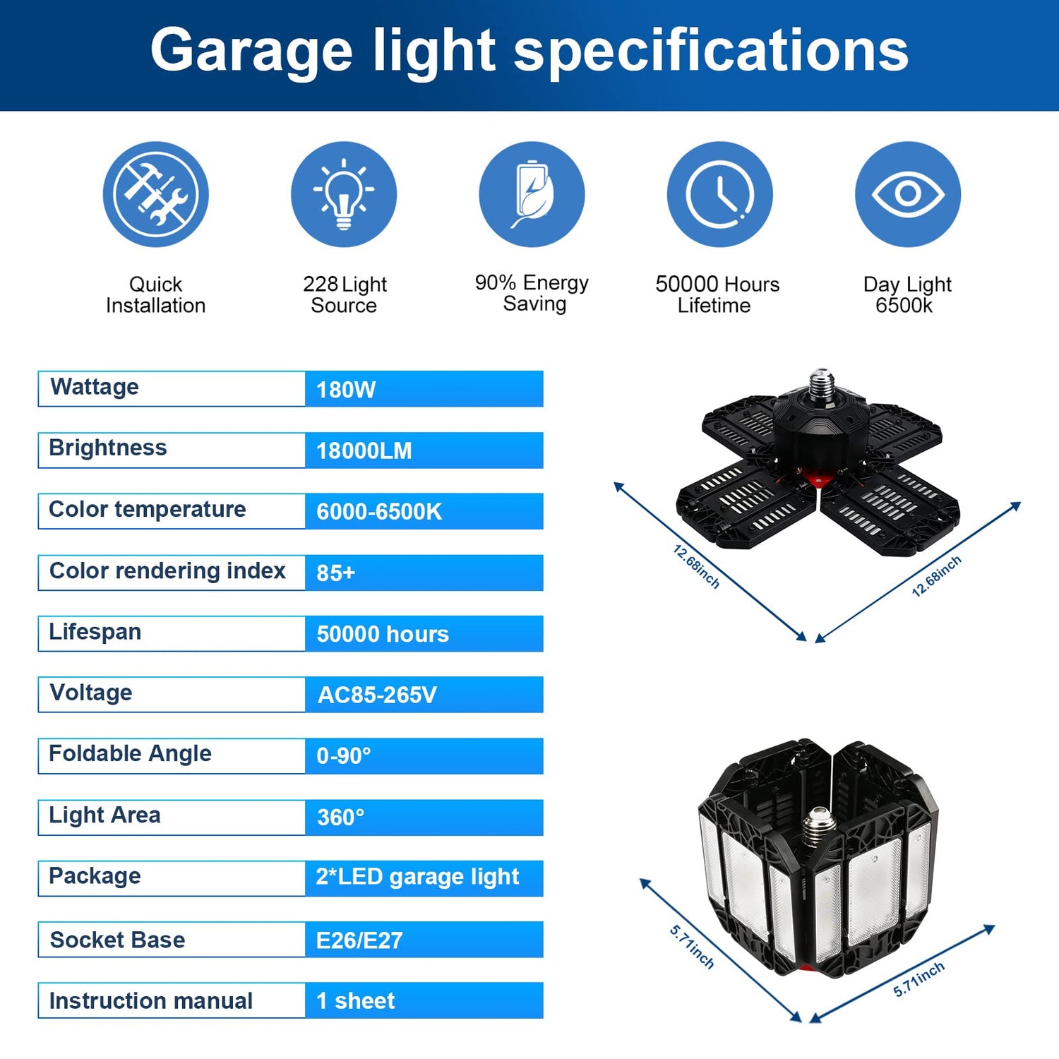 REHAVE Garage Lights Ceiling Led, 12 Panel Plug in Shop Lights with 180W 18000 LM 6500K, 12 Leaf Deformable Multi-Position , E26 E27 Base Ideal for REHAVE
