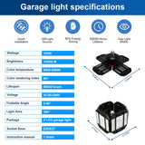REHAVE Garage Lights Ceiling Led, 12 Panel Plug in Shop Lights with 180W 18000 LM 6500K, 12 Leaf Deformable Multi-Position , E26 E27 Base Ideal for REHAVE
