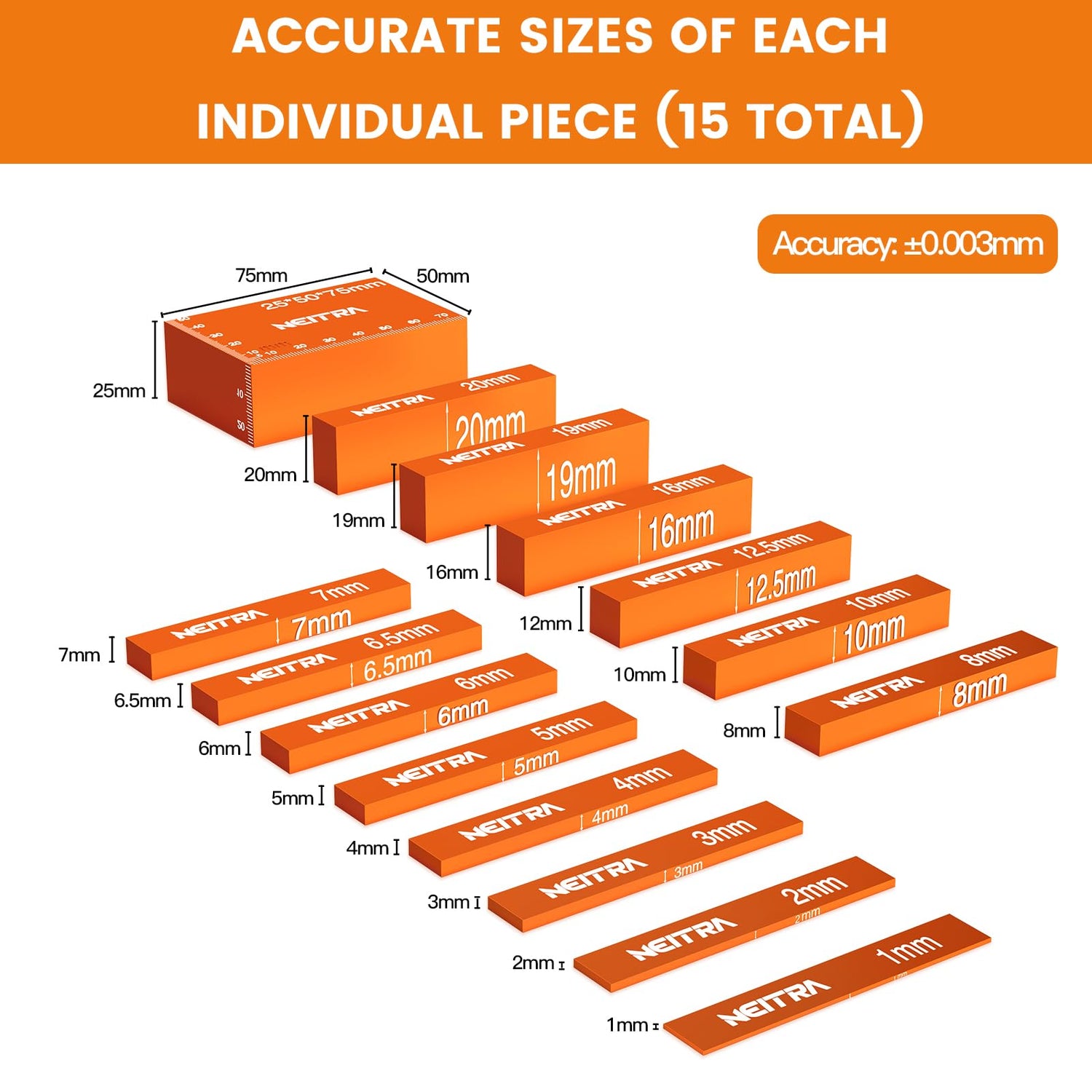 Neitra Metric Setup Blocks - 15 PCS Aluminum Height Precision Measuring Blocks Set for Table Saw, Router and Jig Saw with Storage Case, Orange Neitra