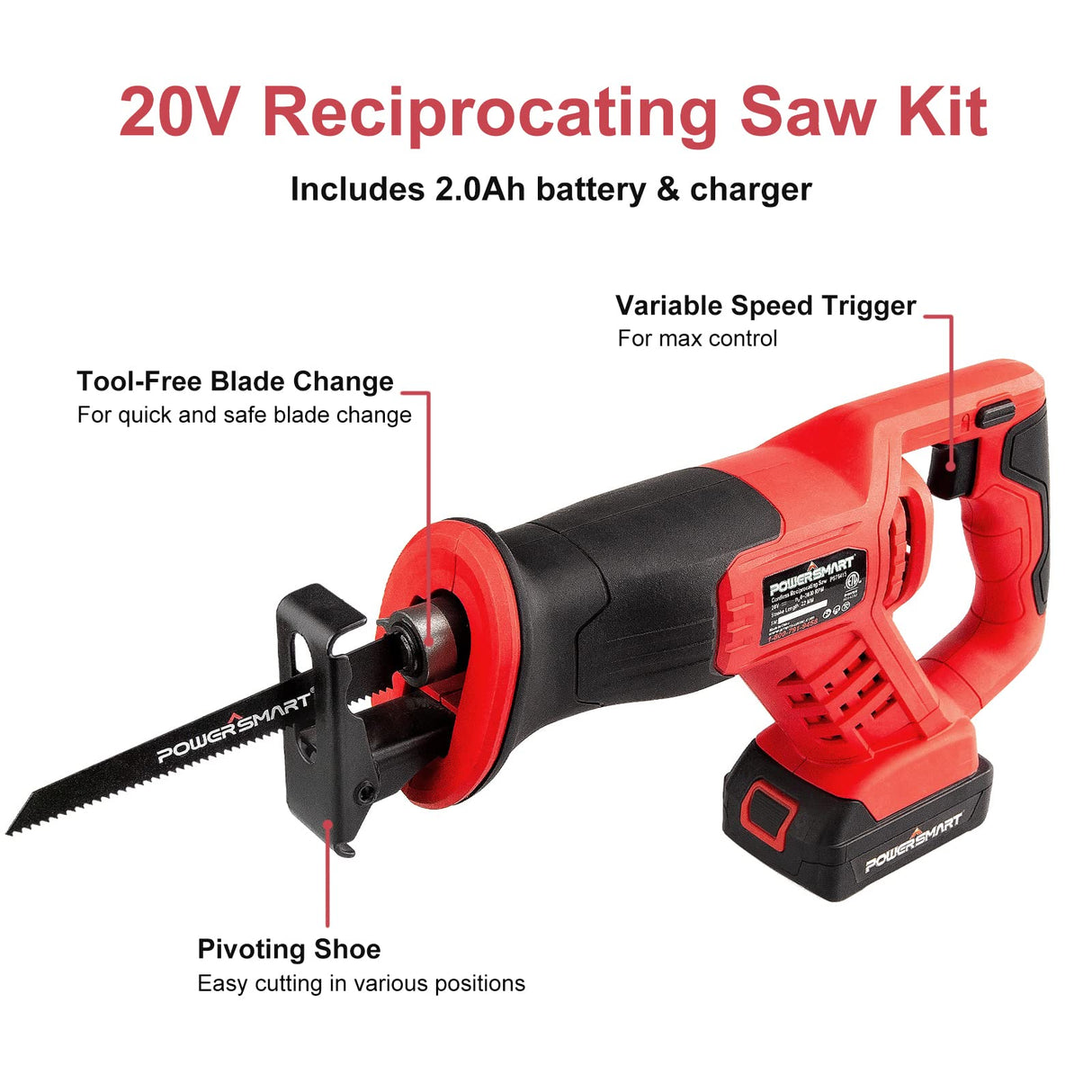 PowerSmart 20V Cordless Reciprocating Saw with 2.0Ah Battery and Charger, 3pcs Wood Blades and 2pcs Metal Blades Included PowerSmart