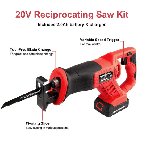 PowerSmart 20V Cordless Reciprocating Saw with 2.0Ah Battery and Charger, 3pcs Wood Blades and 2pcs Metal Blades Included PowerSmart