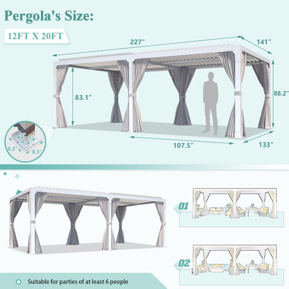 MELLCOM 12x20ft Louvered Pergola with Curtains and Nets, Aluminum Pergola with Adjustable Rainproof Roof, Outdoor Hardtop Pergola for Patio,