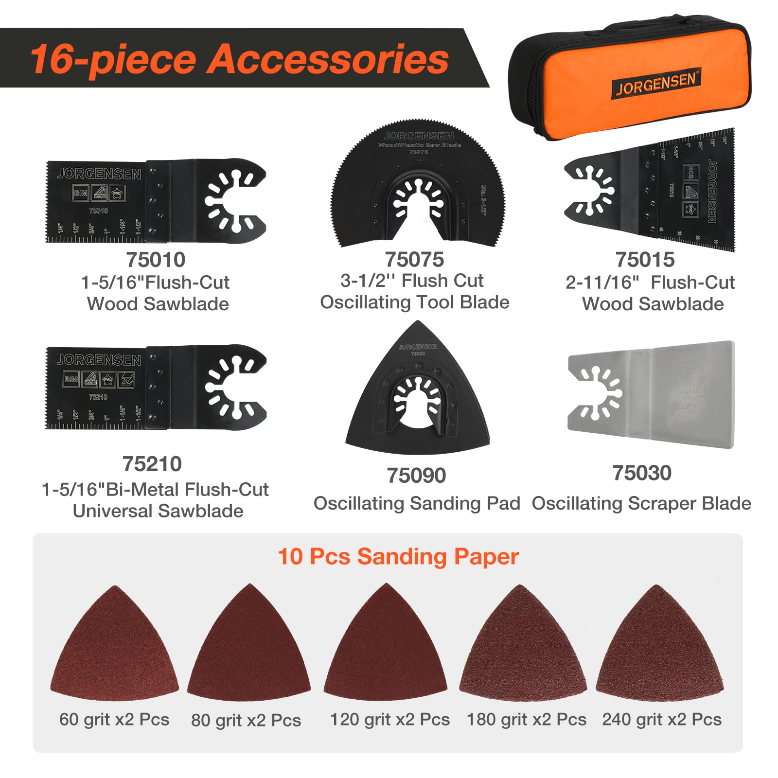 JORGENSEN Oscillating Tool 5°Oscillation Angle, 4 Amp Oscillating Multi Tools Saw, 7 Variable Speed with 16-piece Electric Multitool Blades & - WoodArtSupply