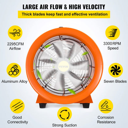 VEVOR Utility Blower/Exhaust Axial Hose Fan, 12 Inches, 3900 m3/h High Velocity Portable Ventilator, Low Noise Extractor Fan Blower with 16 ft / 5 m - WoodArtSupply