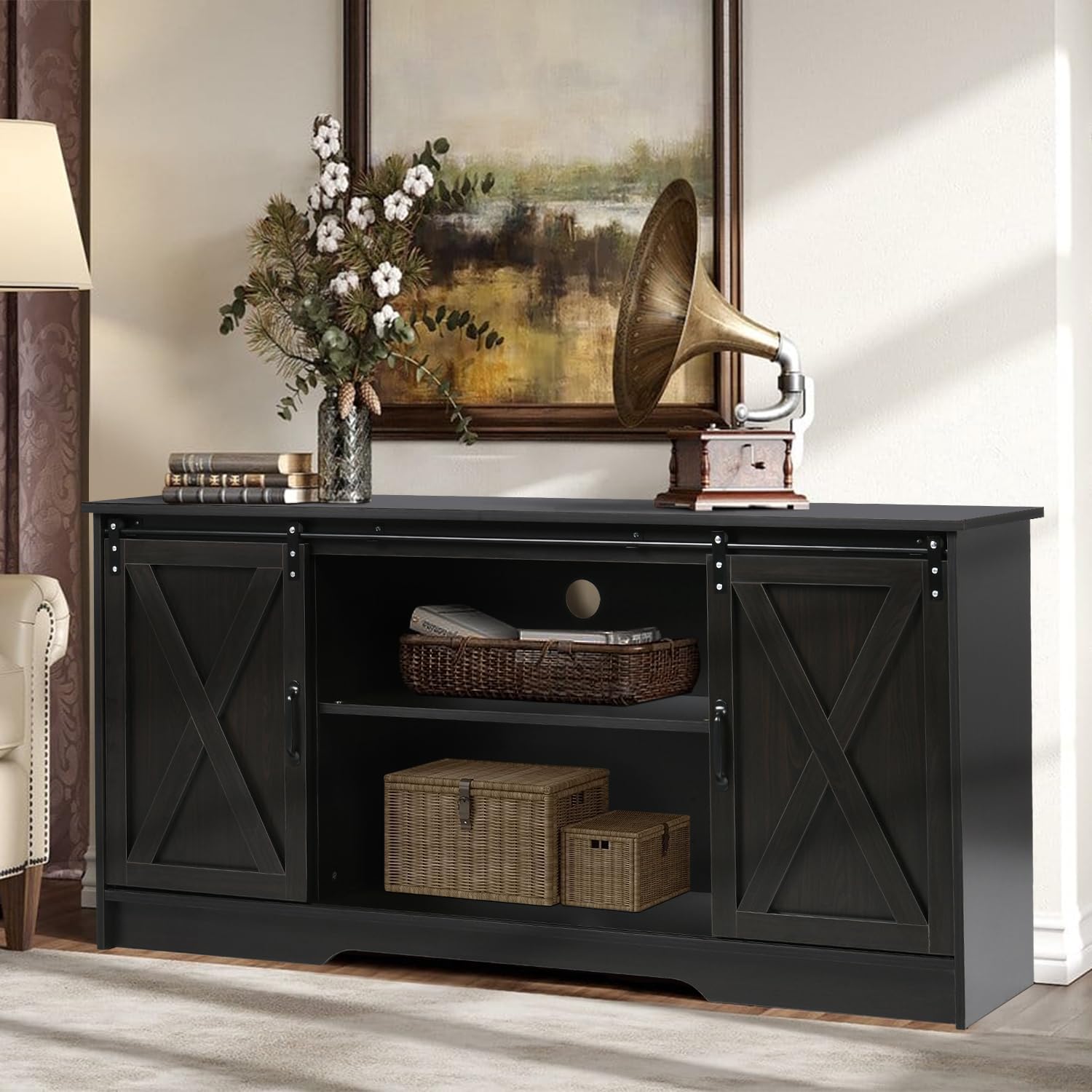 Farmhouse Espresso Coffee Bar Cabinet with Sliding Barn Doors & Ample Storage - WoodArtSupply