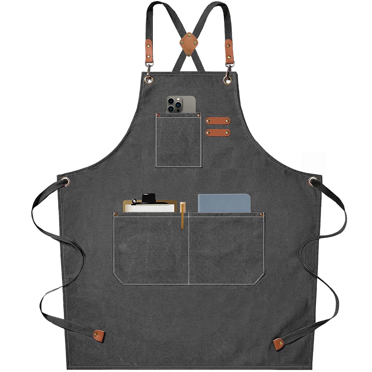 AFUN Chef Aprons for Men Women with Large Pockets, Cotton Canvas Cross Back Heavy Duty Adjustable Work Apron, Size M to XXL(Grey) - WoodArtSupply