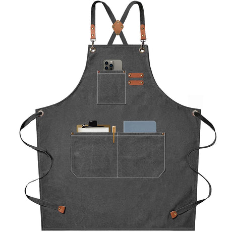 AFUN Chef Aprons for Men Women with Large Pockets, Cotton Canvas Cross Back Heavy Duty Adjustable Work Apron, Size M to XXL(Grey) AFUN