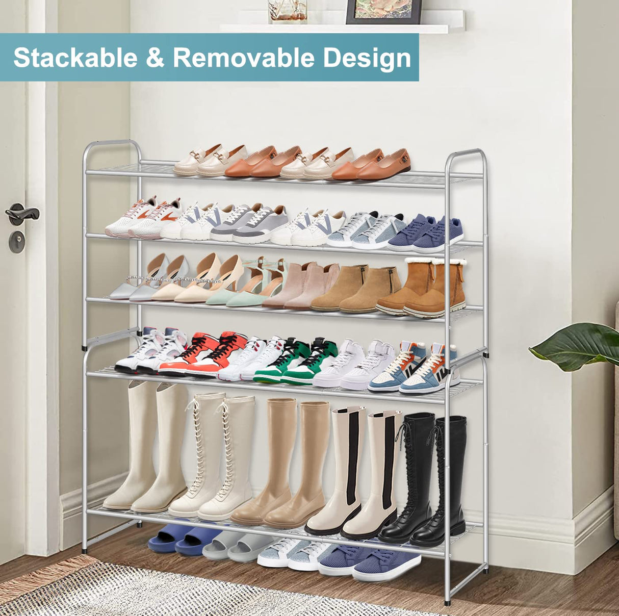 AOODA 3-Tier Long Shoe Rack for Closet Metal Wide Shoe Organizer for Entryway, Bedroom, Floor, Holds 24 Pairs Men Sneakers Stackable Shoe Storage AOODA