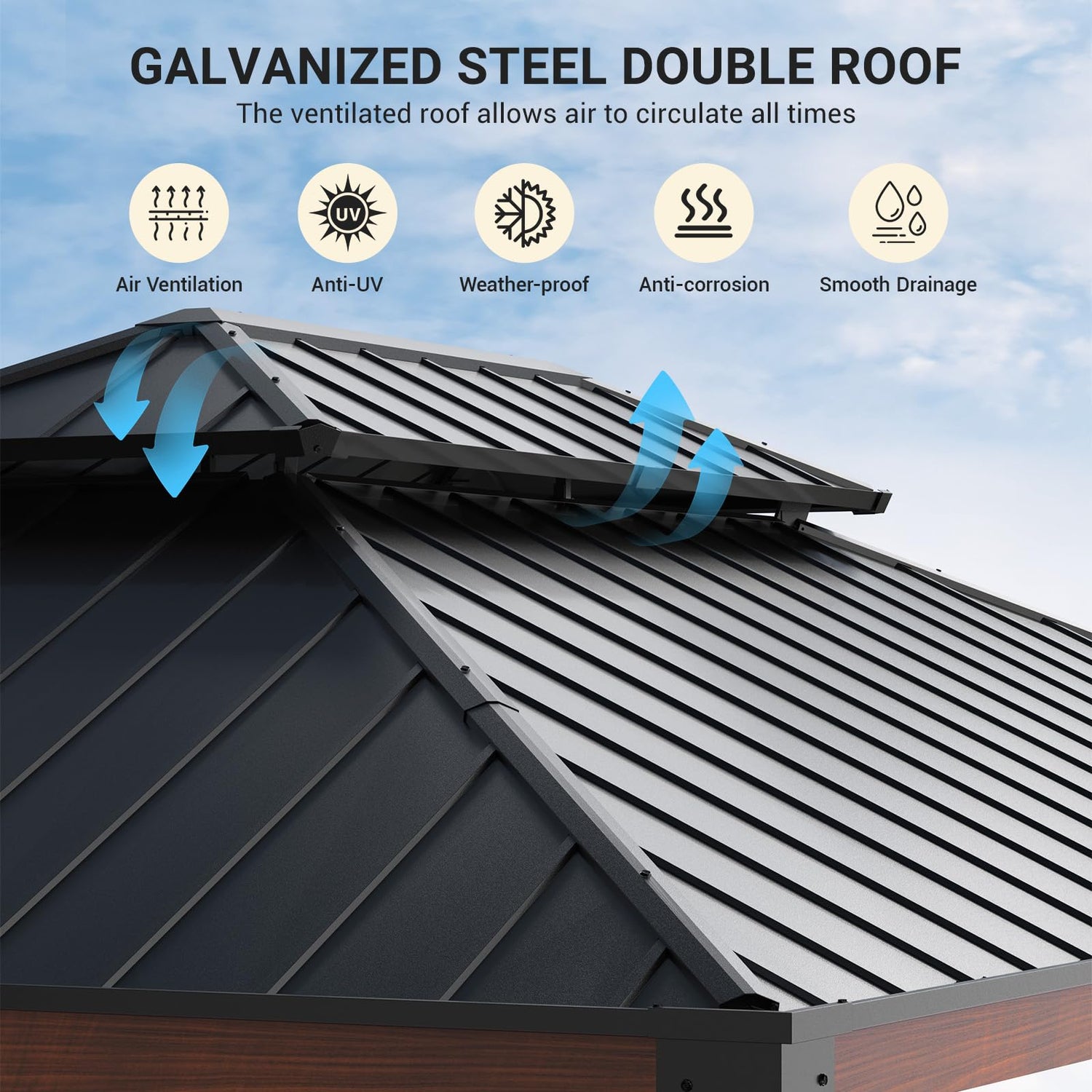 VONZOY Hardtop Gazebo 12x16, Wooden Coated Outdoor Gazebo with Galvanized Steel Double Roof, Aluminum Frame Pavilion, Pergola for Patio Lawn, VONZOY