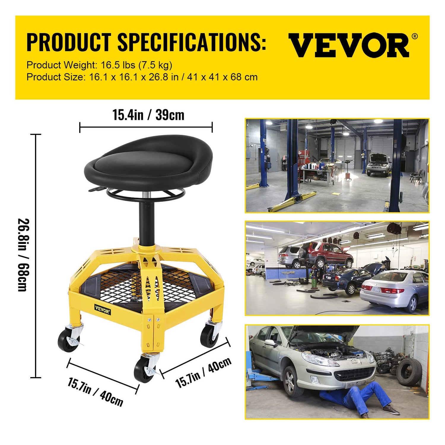 VEVOR Rolling Garage Stool, 300LBS Capacity, Adjustable Height from 24 in to 28.7 in, Mechanic Seat with 360-degree Swivel Wheels and Tool Tray, for VEVOR