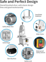 1500W Electric Bone Saw Machine, 0.8-5.9 Inch Cutting Thickness, 2.6 HP Frozen Meat Cutter 110V Commercial Bandsaw, 20x15in Table Sawing for Fish Rocita