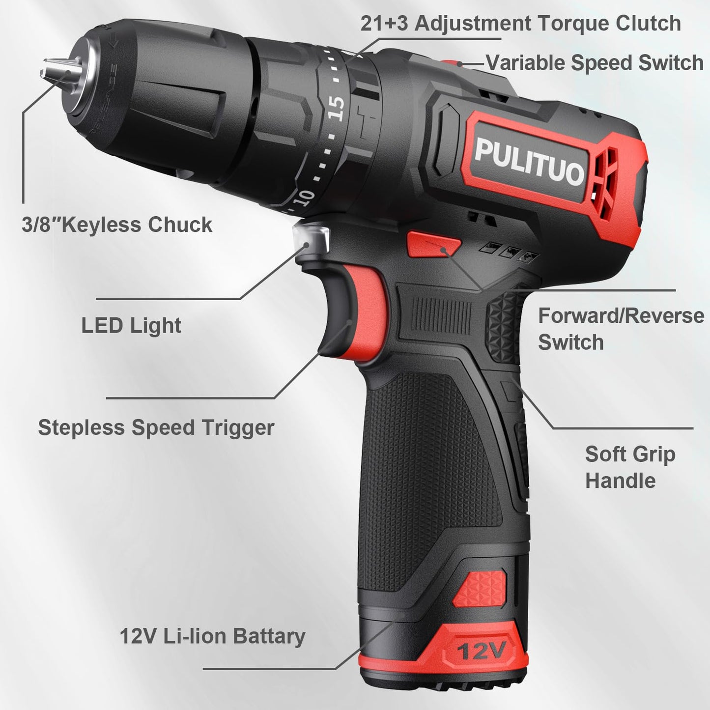 PULITUO Cordless Drill Driver Set, 12V Electric Power Hand Drill Torque 310In.lbs with 21+1& Impact Level Setting, 3/8” Keyless Chuck, 2 Variable - WoodArtSupply