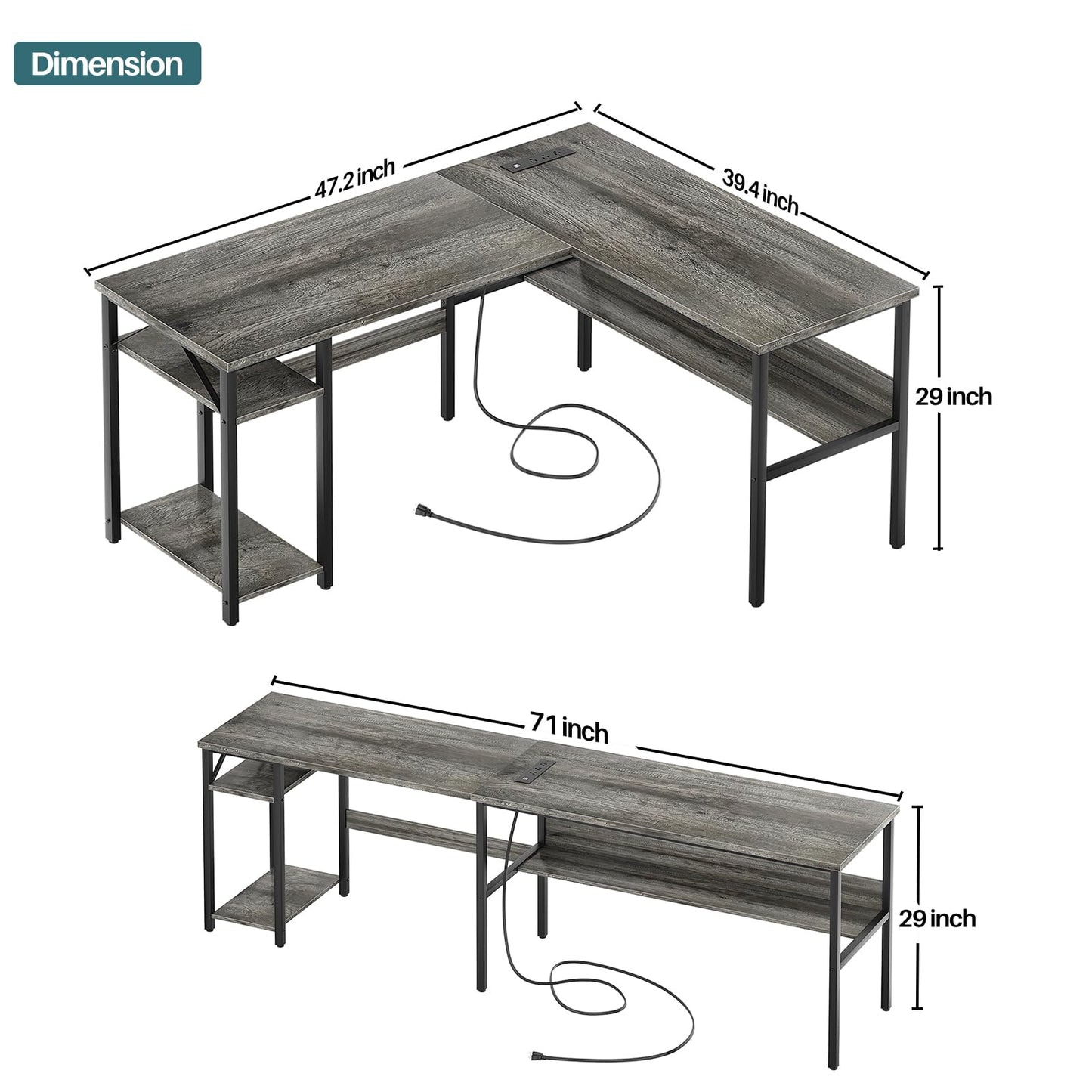 Unikito Reversible L Shaped Desk with Magic Power Outlets and USB Charging Ports, Sturdy Corner Computer Desk with Storage Shelves, Gaming Desk for - WoodArtSupply