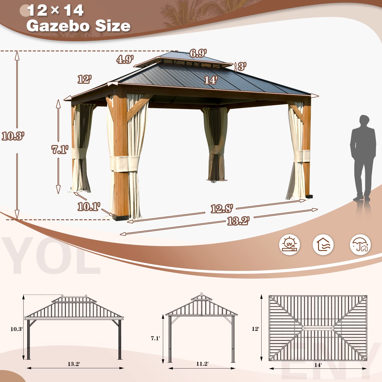 YOLENY 12' x 14' Ultra-Thick Columns and Beams Hardtop Gazebo, Metal Gazebo with Faux Wood Grain Aluminum Frame, Dual Material Double Roof, Outdoor YOLENY