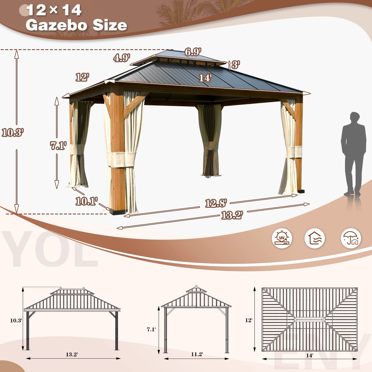 YOLENY 12' x 14' Ultra-Thick Columns and Beams Hardtop Gazebo, Metal Gazebo with Faux Wood Grain Aluminum Frame, Dual Material Double Roof, Outdoor