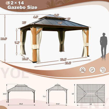 YOLENY 12' x 14' Ultra-Thick Columns and Beams Hardtop Gazebo, Metal Gazebo with Faux Wood Grain Aluminum Frame, Dual Material Double Roof, Outdoor