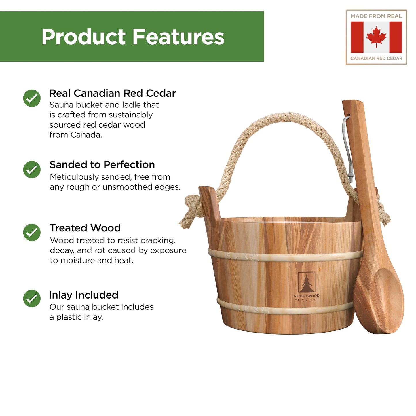 NORTHWOOD Sauna Bucket and Ladle Set - Handmade from Canadian Red Cedar Wood - Plastic Liner and Rope Handle