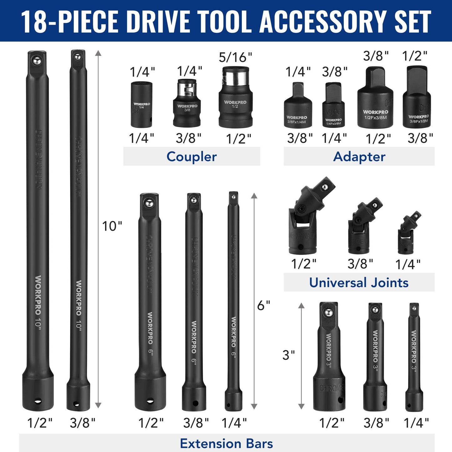 WORKPRO 18-Pieces Drive Tool Accessory Set, Includes Socket Adapters, Socket Extension Bar, Swivel Universal Joints and Impact Coupler, 1/4", 3/8" &