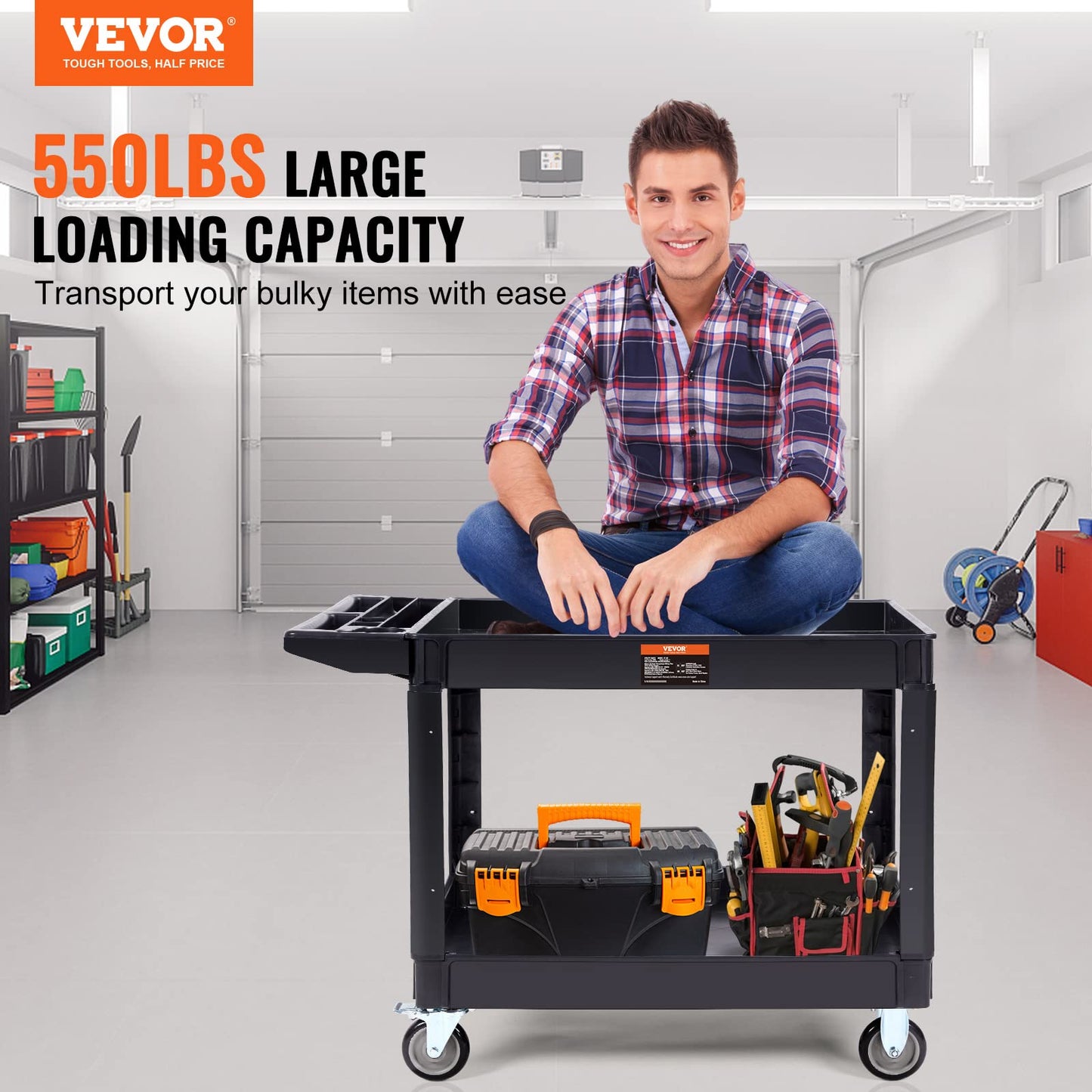 VEVOR Utility Service Cart, 2 Shelf 550LBS Heavy Duty Plastic Rolling Utility Cart with 360° Swivel Wheels (2 with Brakes), Large Lipped Shelf,