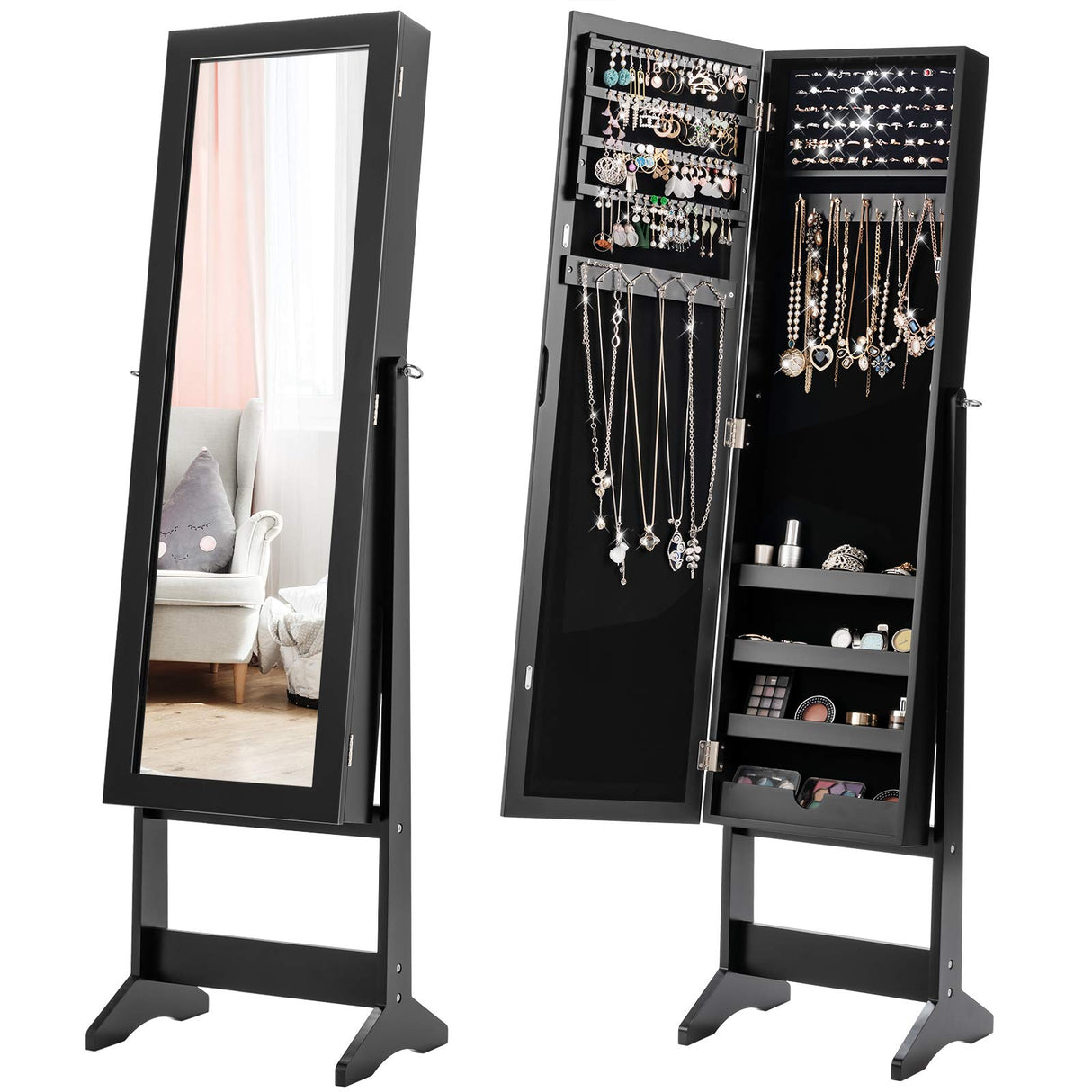 Giantex Jewelry Cabinet with Full-Length Mirror, Standing Jewelry Armoire Organizer with 64 Earring Slots, 20 Necklace Hooks, 72 Ring Slots, 4 Giantex