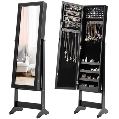 Giantex Jewelry Cabinet with Full-Length Mirror, Standing Jewelry Armoire Organizer with 64 Earring Slots, 20 Necklace Hooks, 72 Ring Slots, 4
