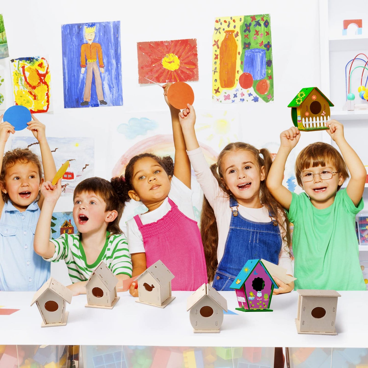 48 Wooden Bird House Kits for Children to Build, Wooden Birdhouse in 6 Shapes and 57 Stereoscopic Butterfly Sticker for Kids Party Art and Craft Kits Sawysine