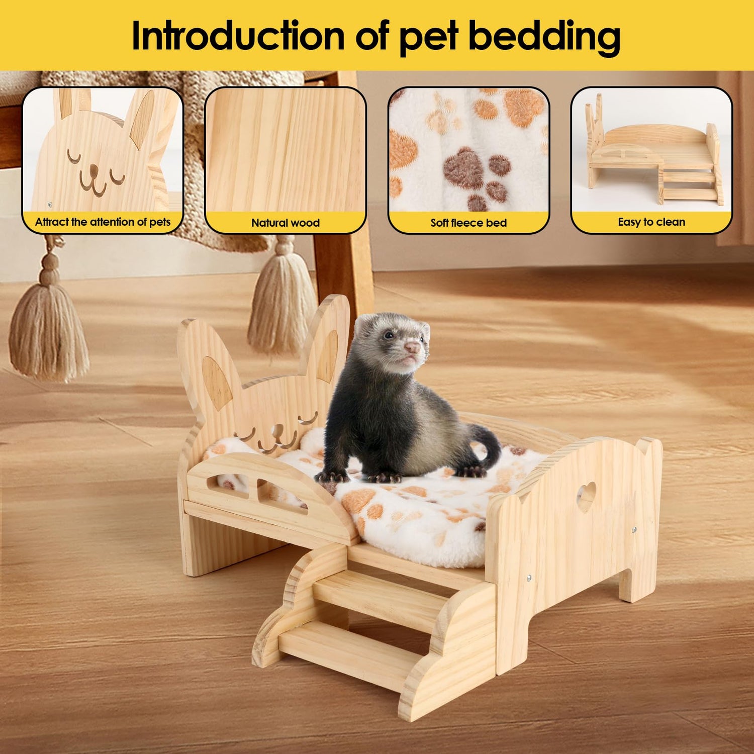 HOSUKKO Wooden Guinea Pig Bed with Mat 13.5IN X 9.3IN Guinea Pig Bunny Detachable Hideout with Stairs Small Animal Cute Warm Habitats for Hamsters HOSUKKO