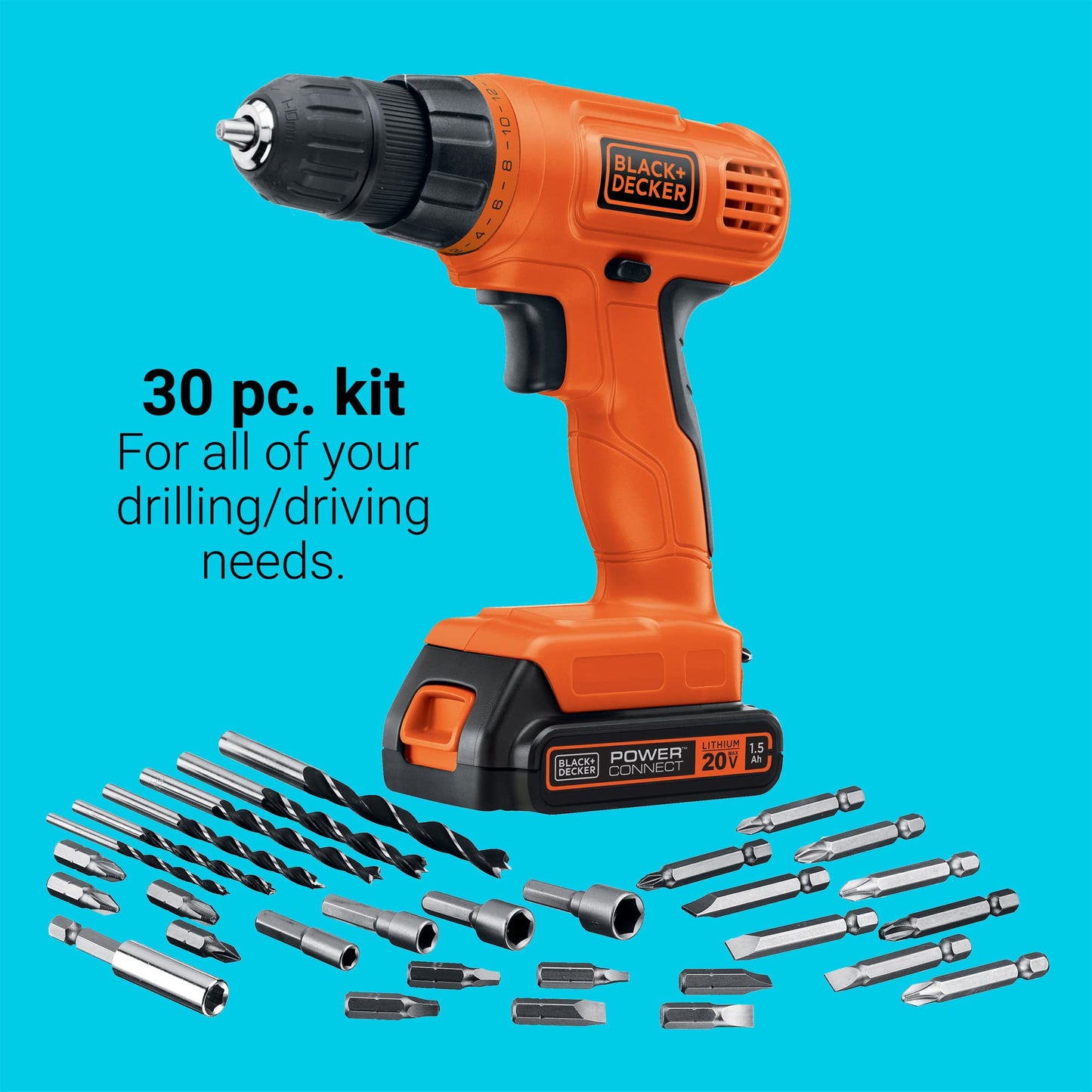 BLACK+DECKER 20V MAX* POWERECONNECT Cordless Drill/Driver + 30 pc. Kit (LD120VA) - WoodArtSupply