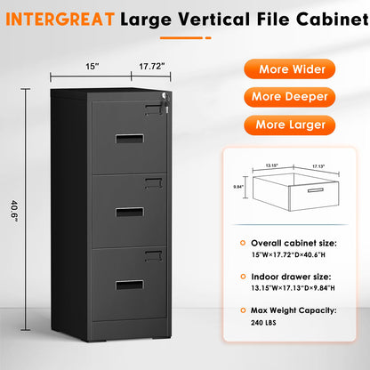 INTERGREAT Black Filing Cabinet 3 Drawer, Metal Vertical File Cabinet with Lock, Home Office Hanging File Cabinet for Letter/Legal/F4/A4 Size, 18" D
