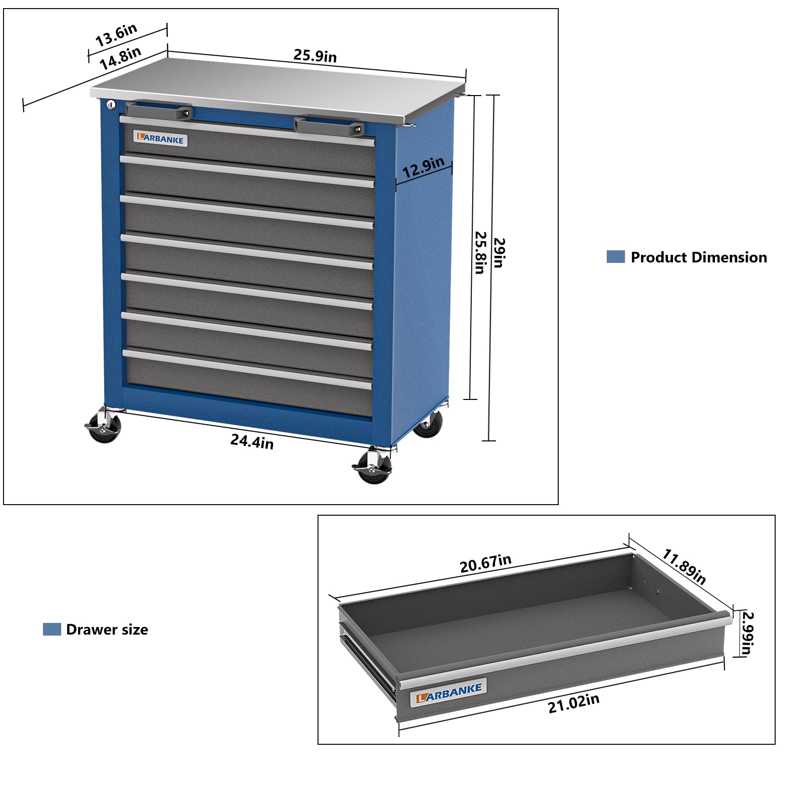 LARBANKE 7-Drawer Rolling Tool Chest with Key Locking System,Tool Chest with 360° Lockable Wheels and Four Padded Feet,can be Formed into a Large - WoodArtSupply