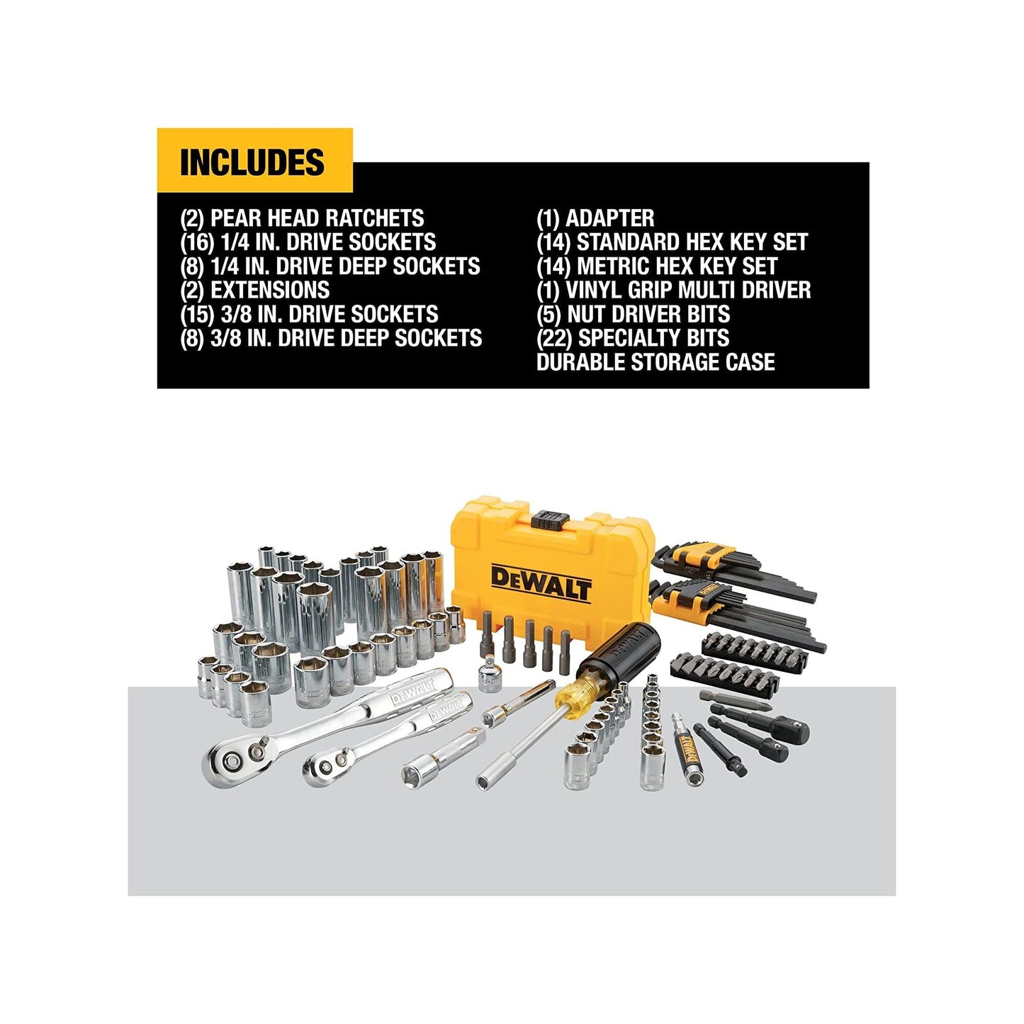 DEWALT Mechanics Tools Kit and Socket Set, 1/4" & 3/8" Drive, SAE, 108-Piece (DWMT73801) - WoodArtSupply